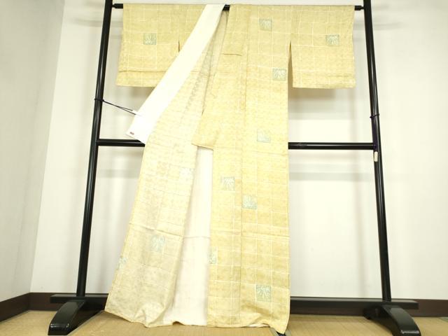 平和屋着物▽上質な小紋　単衣　市松花文　金糸　三越扱い　正絹　逸品　DABE4461az