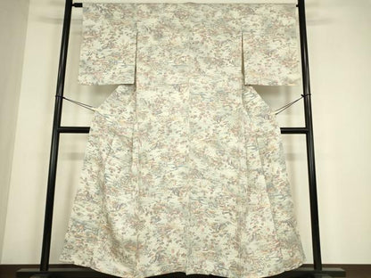 平和屋着物▽上質な小紋　単衣　茶屋辻風景花文　正絹　逸品　DABE4474az