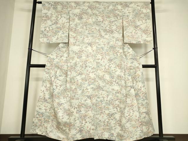 平和屋着物▽上質な小紋　単衣　茶屋辻風景花文　正絹　逸品　DABE4474az