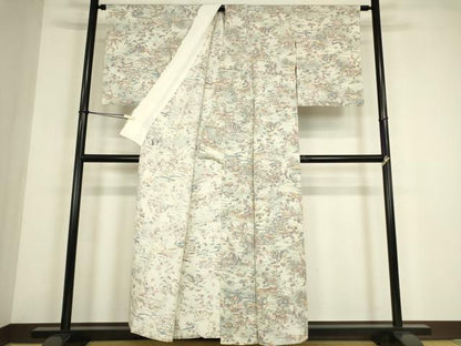 平和屋着物▽上質な小紋　単衣　茶屋辻風景花文　正絹　逸品　DABE4474az