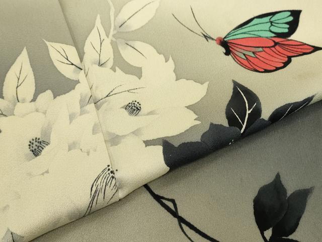 平和屋着物▽訪問着　単衣　舞蝶花文　手描き　暈し染め　正絹　逸品　DABE4482az