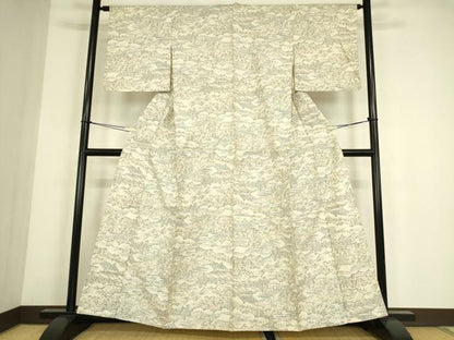 平和屋着物▽上質な紬　単衣　雲取風景文　正絹　逸品　DABE4483az