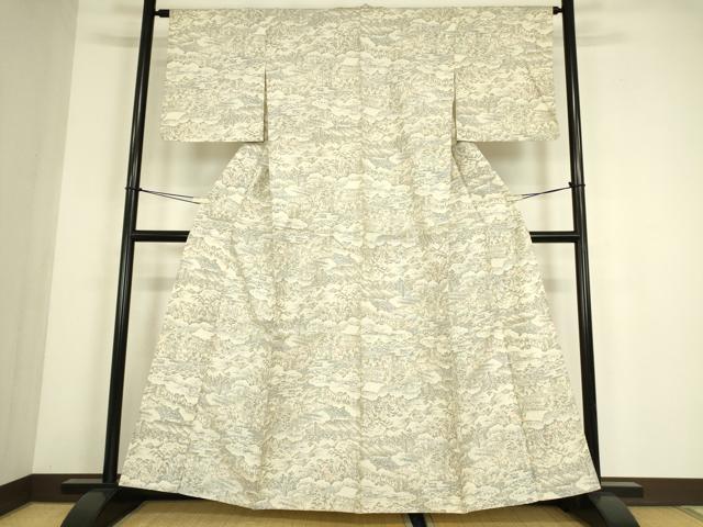 平和屋着物▽上質な紬　単衣　雲取風景文　正絹　逸品　DABE4483az