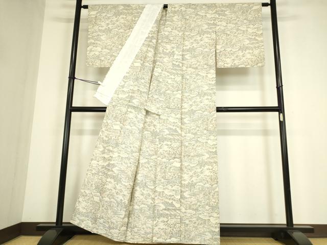 平和屋着物▽上質な紬　単衣　雲取風景文　正絹　逸品　DABE4483az