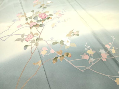 平和屋着物▽訪問着　単衣　友禅　作家物　枝花文　暈し染め　正絹　逸品　DABE4494az