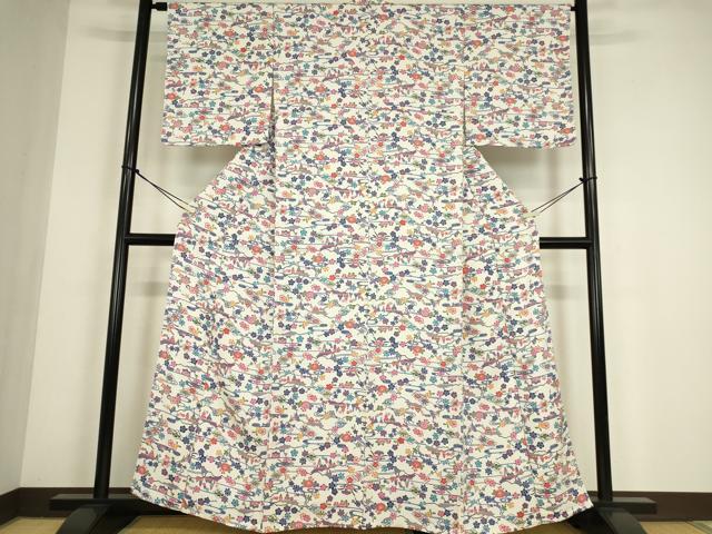 平和屋着物▽上質な小紋　単衣　型染め　風景花文　正絹　逸品　DABE4497az