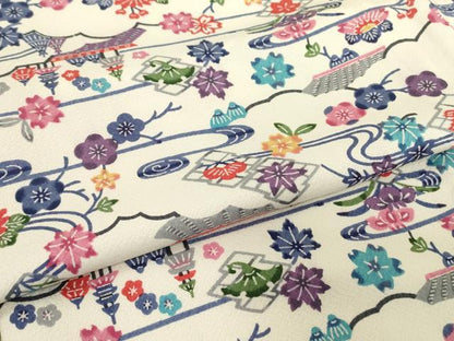 平和屋着物▽上質な小紋　単衣　型染め　風景花文　正絹　逸品　DABE4497az