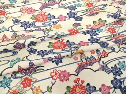 平和屋着物▽上質な小紋　単衣　型染め　風景花文　正絹　逸品　DABE4497az