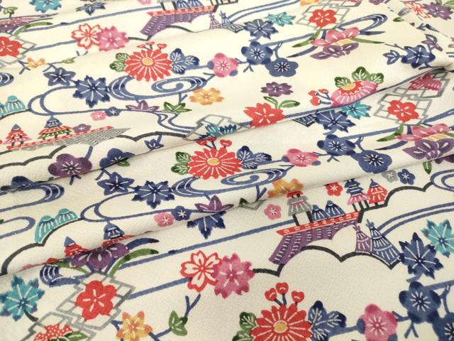 平和屋着物▽上質な小紋　単衣　型染め　風景花文　正絹　逸品　DABE4497az