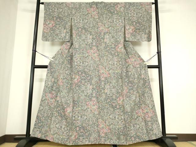 平和屋着物▽上質な小紋　単衣　更紗花文　正絹　逸品　DABE4499az