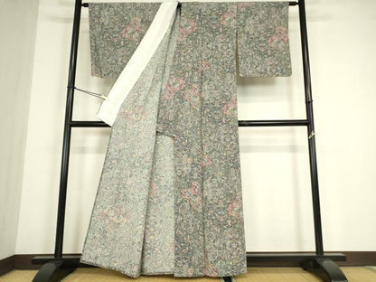 平和屋着物▽上質な小紋　単衣　更紗花文　正絹　逸品　DABE4499az