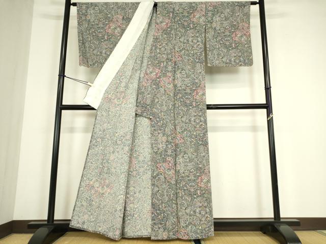 平和屋着物▽上質な小紋　単衣　更紗花文　正絹　逸品　DABE4499az