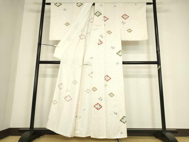 平和屋着物▽上質な小紋　単衣　色紙花文　正絹　逸品　DABE4506az