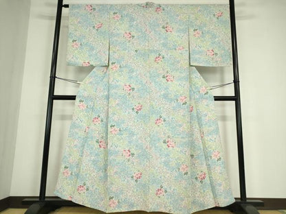 平和屋着物▽上質な小紋　単衣　菊牡丹文　正絹　逸品　DABE4510az