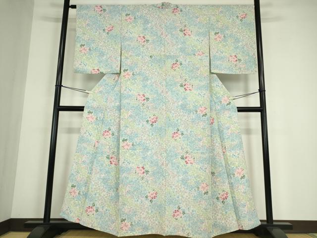 平和屋着物▽上質な小紋　単衣　菊牡丹文　正絹　逸品　DABE4510az