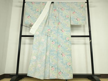 平和屋着物▽上質な小紋　単衣　菊牡丹文　正絹　逸品　DABE4510az