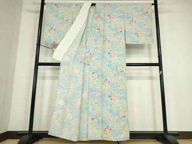 平和屋着物▽上質な小紋　単衣　菊牡丹文　正絹　逸品　DABE4510az