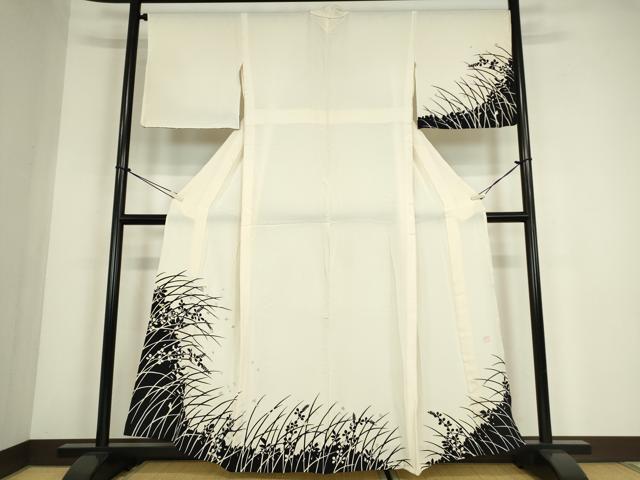 平和屋着物▽訪問着　単衣　作家物　草花シルエット　金銀彩　正絹　逸品　DABE4514az
