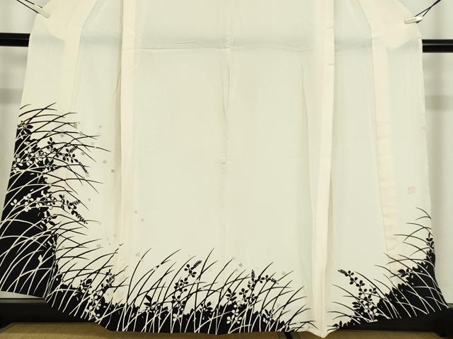 平和屋着物▽訪問着　単衣　作家物　草花シルエット　金銀彩　正絹　逸品　DABE4514az
