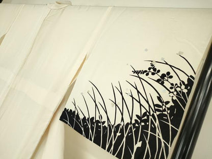 平和屋着物▽訪問着　単衣　作家物　草花シルエット　金銀彩　正絹　逸品　DABE4514az