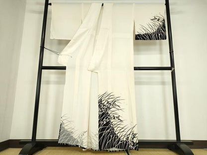 平和屋着物▽訪問着　単衣　作家物　草花シルエット　金銀彩　正絹　逸品　DABE4514az