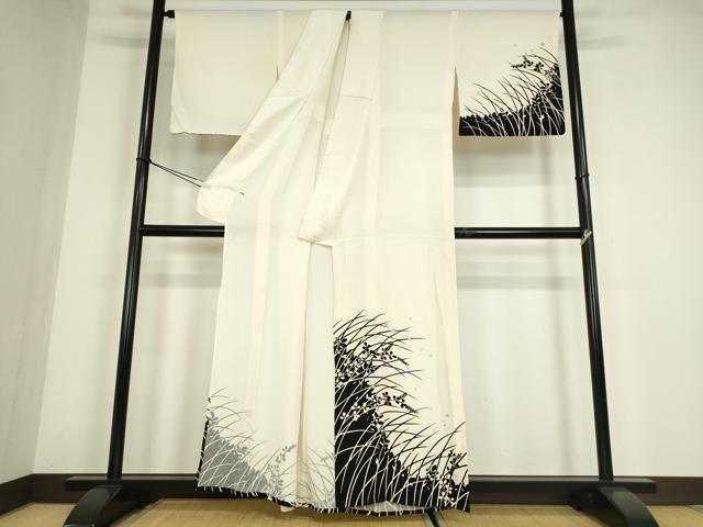 平和屋着物▽訪問着　単衣　作家物　草花シルエット　金銀彩　正絹　逸品　DABE4514az