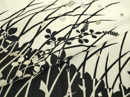 平和屋着物▽訪問着　単衣　作家物　草花シルエット　金銀彩　正絹　逸品　DABE4514az