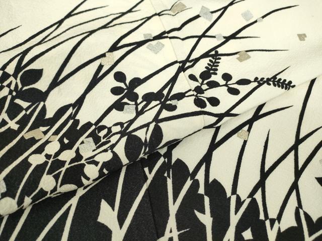 平和屋着物▽訪問着　単衣　作家物　草花シルエット　金銀彩　正絹　逸品　DABE4514az