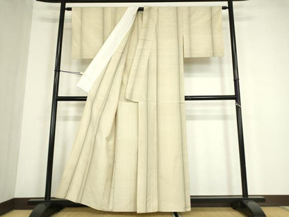 平和屋着物▽上質な紬　単衣　縞　正絹　逸品　DABE4521az