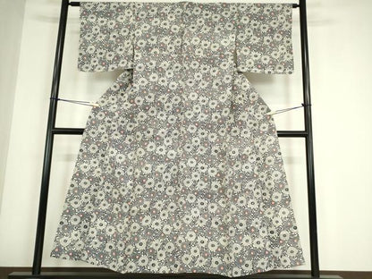 平和屋着物▽上質な小紋　単衣　紬地　型染め　菊唐草文　正絹　逸品　DABE4526az