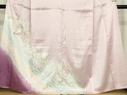 平和屋着物▽訪問着　単衣　駒刺繍　舞花楽器文　暈し染め　金銀彩　正絹　逸品　DABE4528az