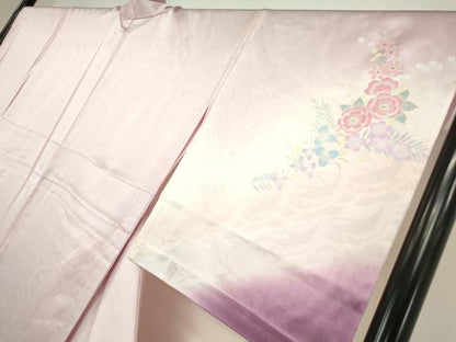 平和屋着物▽訪問着　単衣　駒刺繍　舞花楽器文　暈し染め　金銀彩　正絹　逸品　DABE4528az