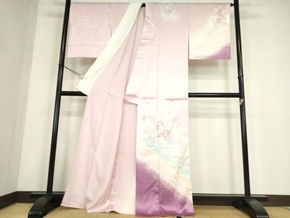 平和屋着物▽訪問着　単衣　駒刺繍　舞花楽器文　暈し染め　金銀彩　正絹　逸品　DABE4528az