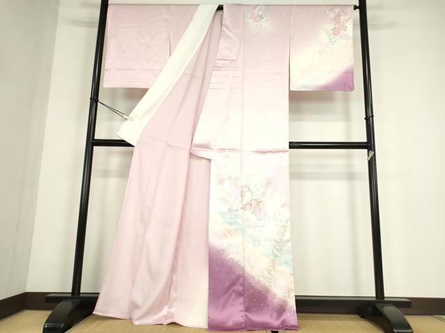 平和屋着物▽訪問着　単衣　駒刺繍　舞花楽器文　暈し染め　金銀彩　正絹　逸品　DABE4528az