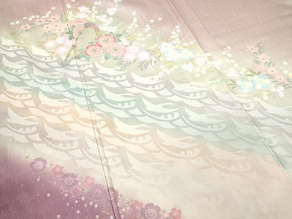 平和屋着物▽訪問着　単衣　駒刺繍　舞花楽器文　暈し染め　金銀彩　正絹　逸品　DABE4528az