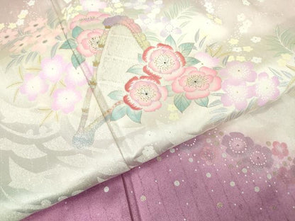 平和屋着物▽訪問着　単衣　駒刺繍　舞花楽器文　暈し染め　金銀彩　正絹　逸品　DABE4528az