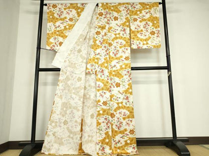 平和屋着物▽上質な小紋　単衣　雲取り花文　金彩　正絹　逸品　DABE4532az