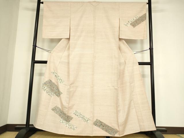 平和屋着物▽上質な紬　単衣　更紗花文　正絹　逸品　DABE4540az