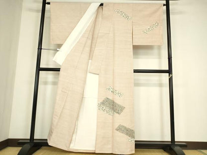 平和屋着物▽上質な紬　単衣　更紗花文　正絹　逸品　DABE4540az
