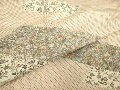 平和屋着物▽上質な紬　単衣　更紗花文　正絹　逸品　DABE4540az