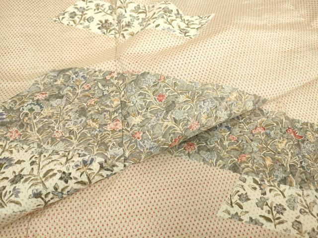 平和屋着物▽上質な紬　単衣　更紗花文　正絹　逸品　DABE4540az