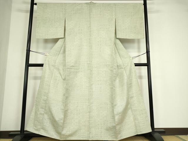 平和屋着物▽上質な紬　単衣　幾何学柄　正絹　逸品　DABE4547az