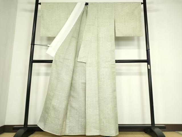 平和屋着物▽上質な紬　単衣　幾何学柄　正絹　逸品　DABE4547az