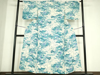 平和屋着物▽上質な小紋　単衣　流水扇面花　正絹　逸品　DABE4551az