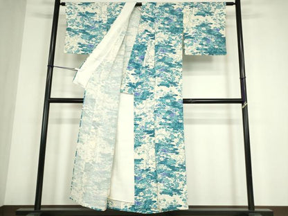 平和屋着物▽上質な小紋　単衣　流水扇面花　正絹　逸品　DABE4551az