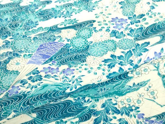 平和屋着物▽上質な小紋　単衣　流水扇面花　正絹　逸品　DABE4551az