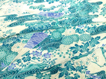 平和屋着物▽上質な小紋　単衣　流水扇面花　正絹　逸品　DABE4551az