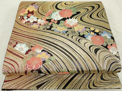 平和屋着物▼六通柄袋帯 流水花文 金糸 正絹 逸品 DABE4559az