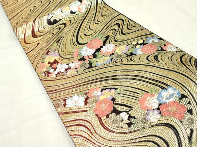 平和屋着物▼六通柄袋帯 流水花文 金糸 正絹 逸品 DABE4559az