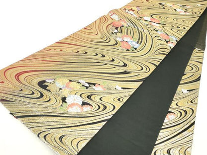 平和屋着物▼六通柄袋帯 流水花文 金糸 正絹 逸品 DABE4559az